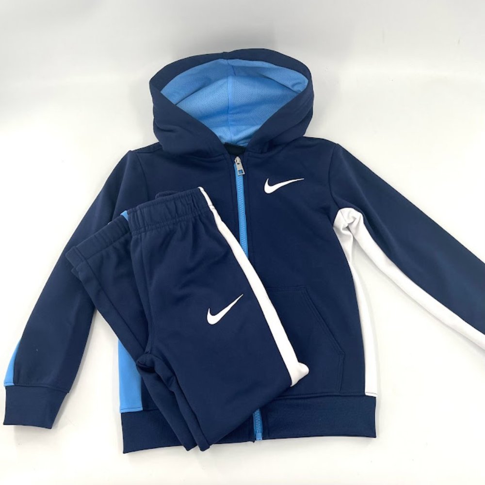 Nike Therma Fleece Tracksuit Boys 6Y Navy White 2 Piece Jogger Suit Zip Up Top
